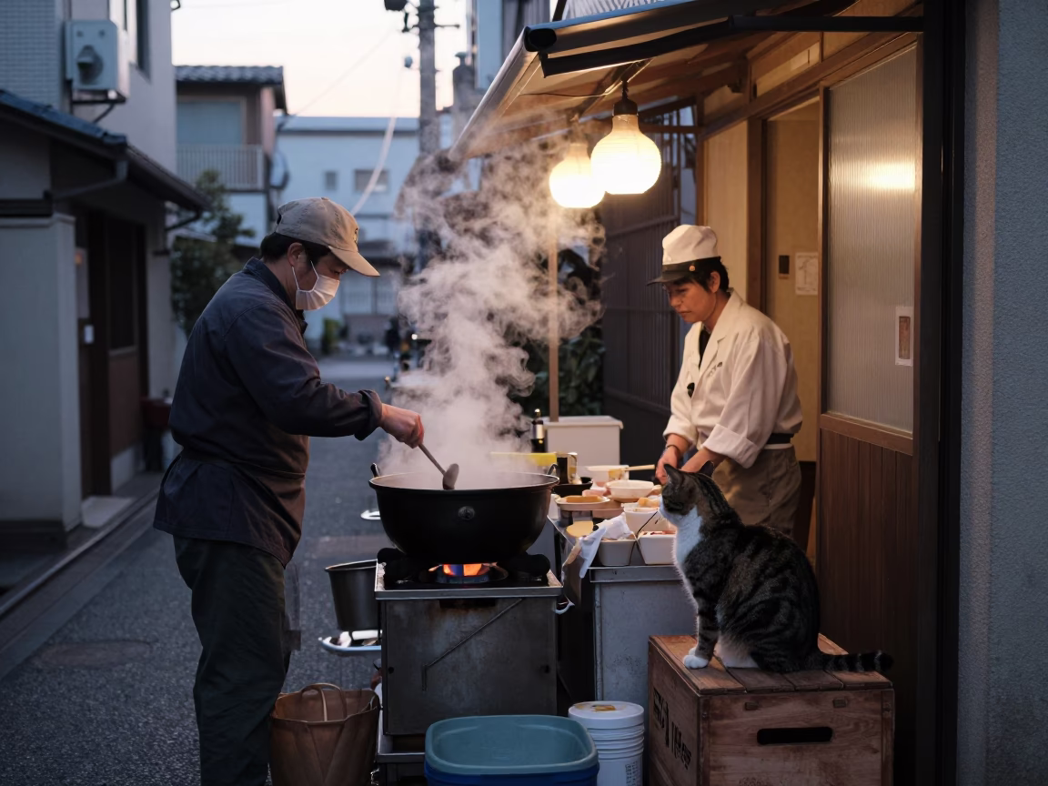 Breakfast Stall in Tokyo at Sunrise Light in in Tokyo, Japan
