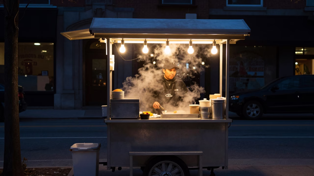 Breakfast Stall in Toronto at The Predawn Darkness Light in in Toronto, Ontario, Canada