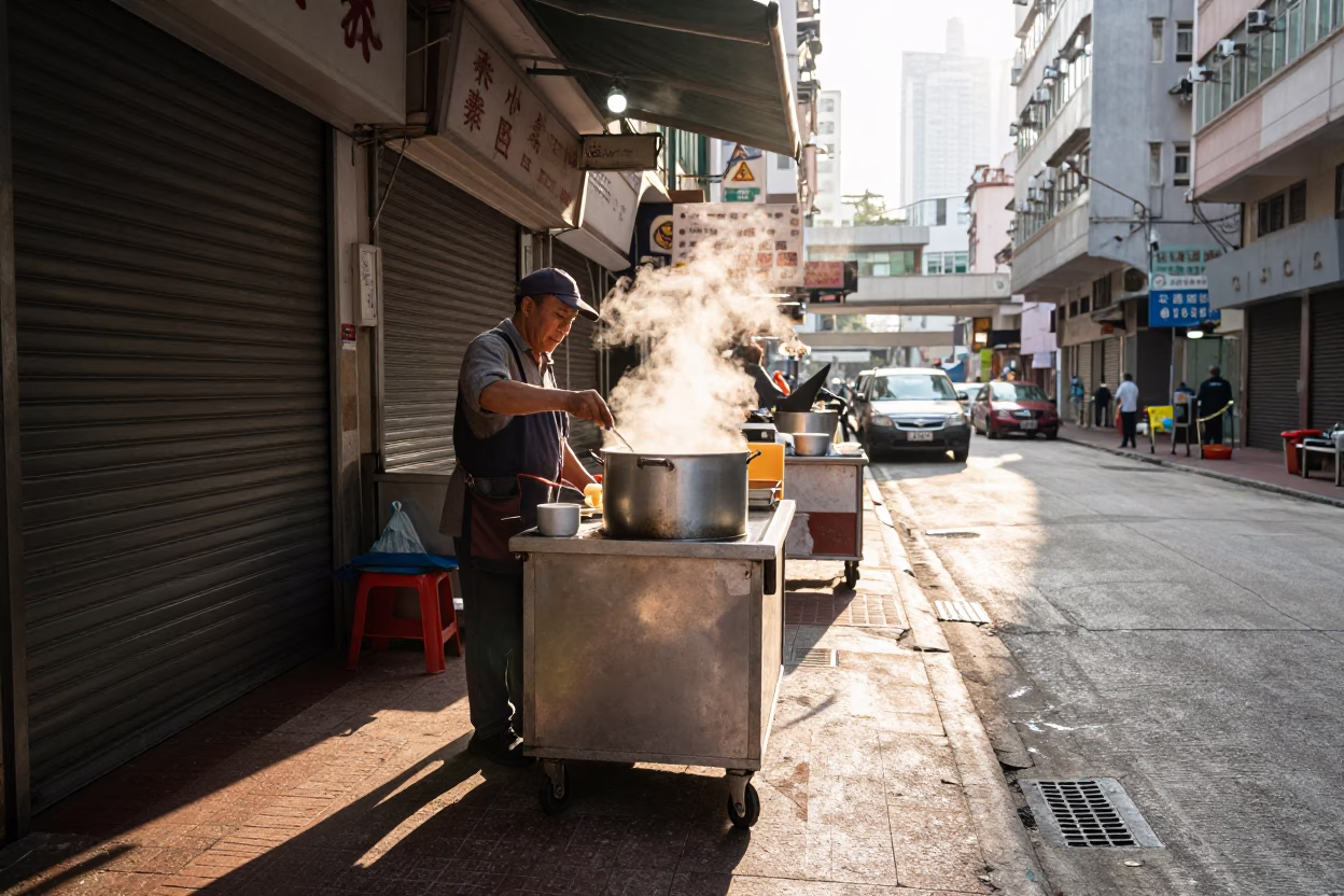 Breakfast Stall just after sunrise in Hong Kong in in Hong Kong, Hong Kong