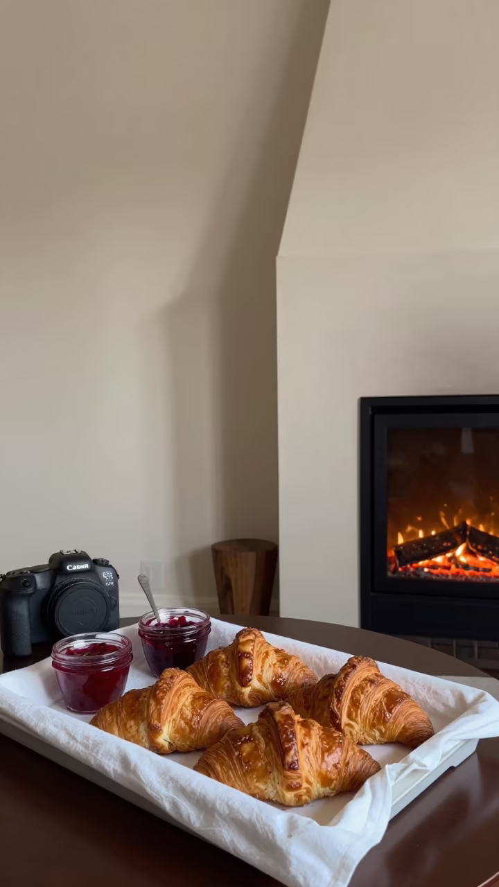 Breakfast Tray Croissants Jam Winter Delhi in by a crackling fireplace near Delhi