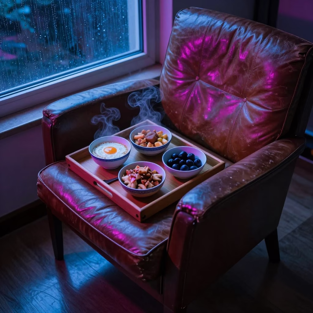 Breakfast Tray on Leather Chair Under Neon Light in on a worn leather armchair in Zhengzhou