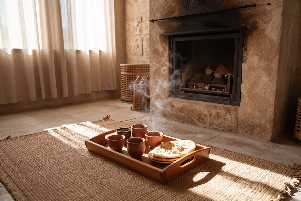 Breakfast Tray on Woven Rug by Fireplace in Sanaa in by a crackling fireplace in Sanaa
