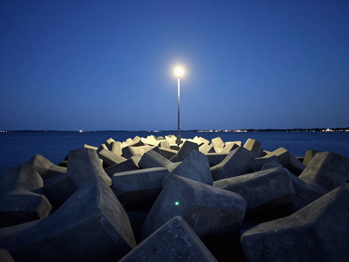 Breakwater Scene in Boston at Midnight Light in in Boston, Massachusetts, United States