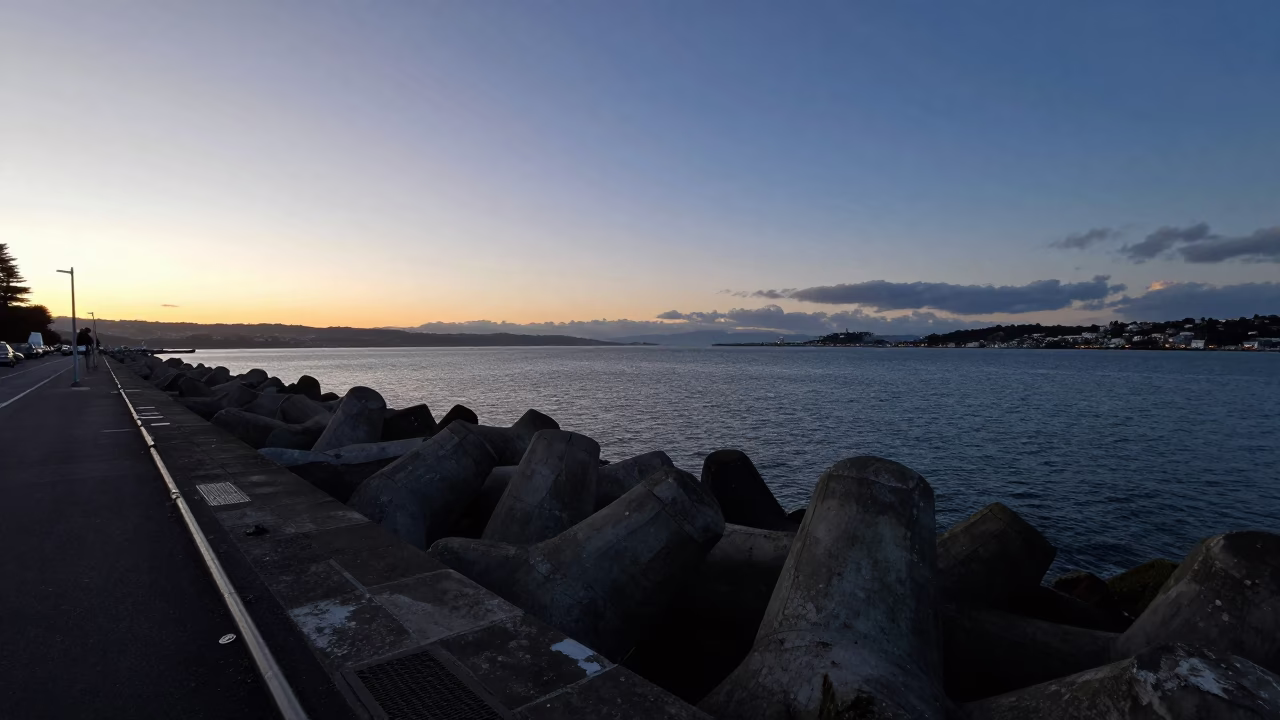 Breakwater Scene in Christchurch at Sunset Light in in Christchurch, New Zealand