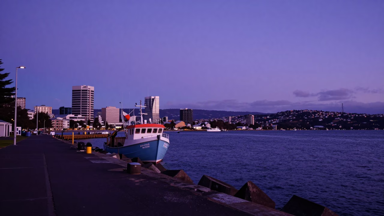 Breakwater Scene in Hobart at Twilight in in Hobart, Tasmania, Australia
