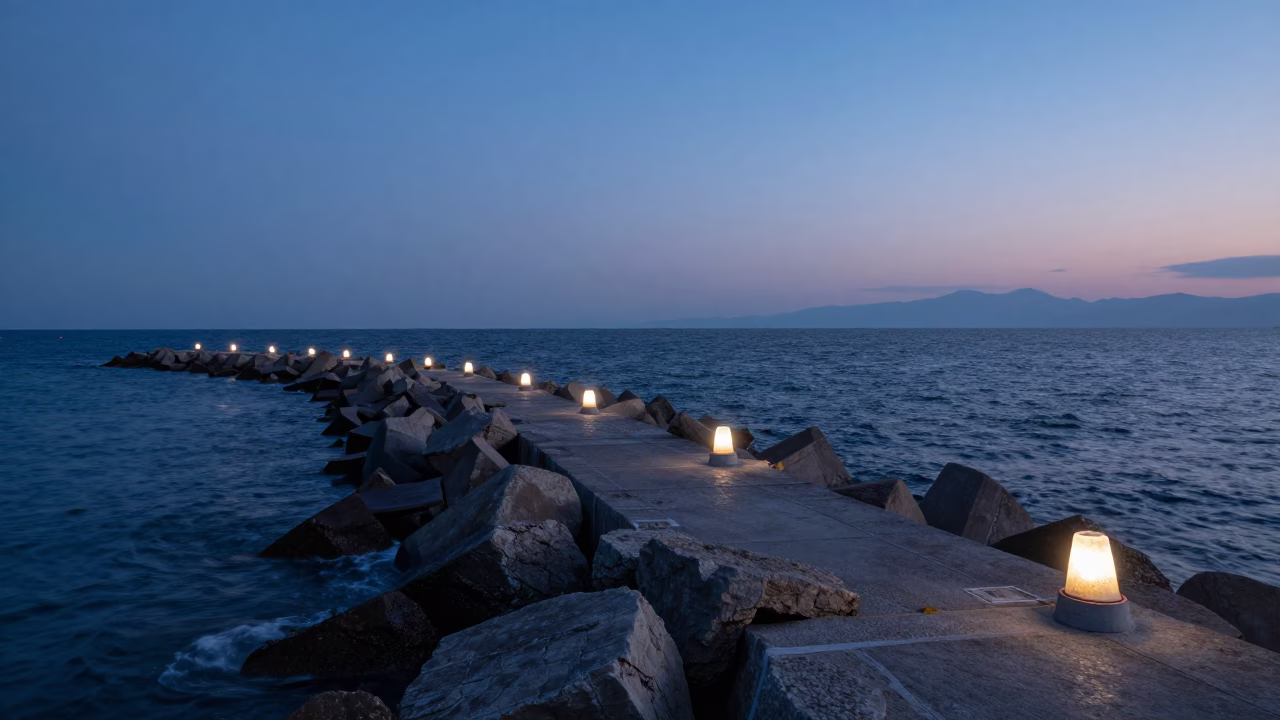 Breakwater Scene in Izmir at Blue Hour in in Izmir, Turkey