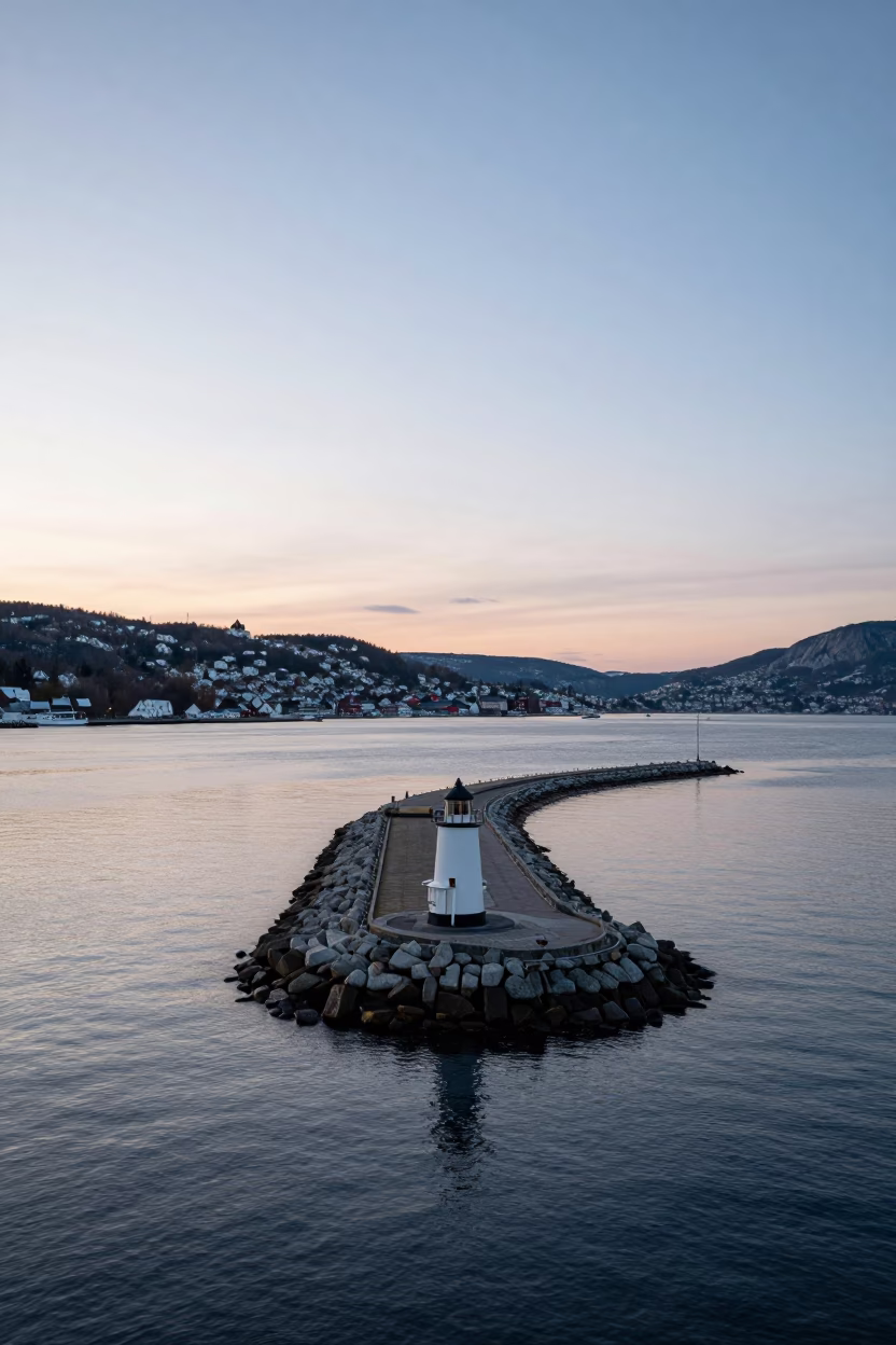 Breakwater View in Bergen at Nautical Dawn Light in in Bergen, Norway