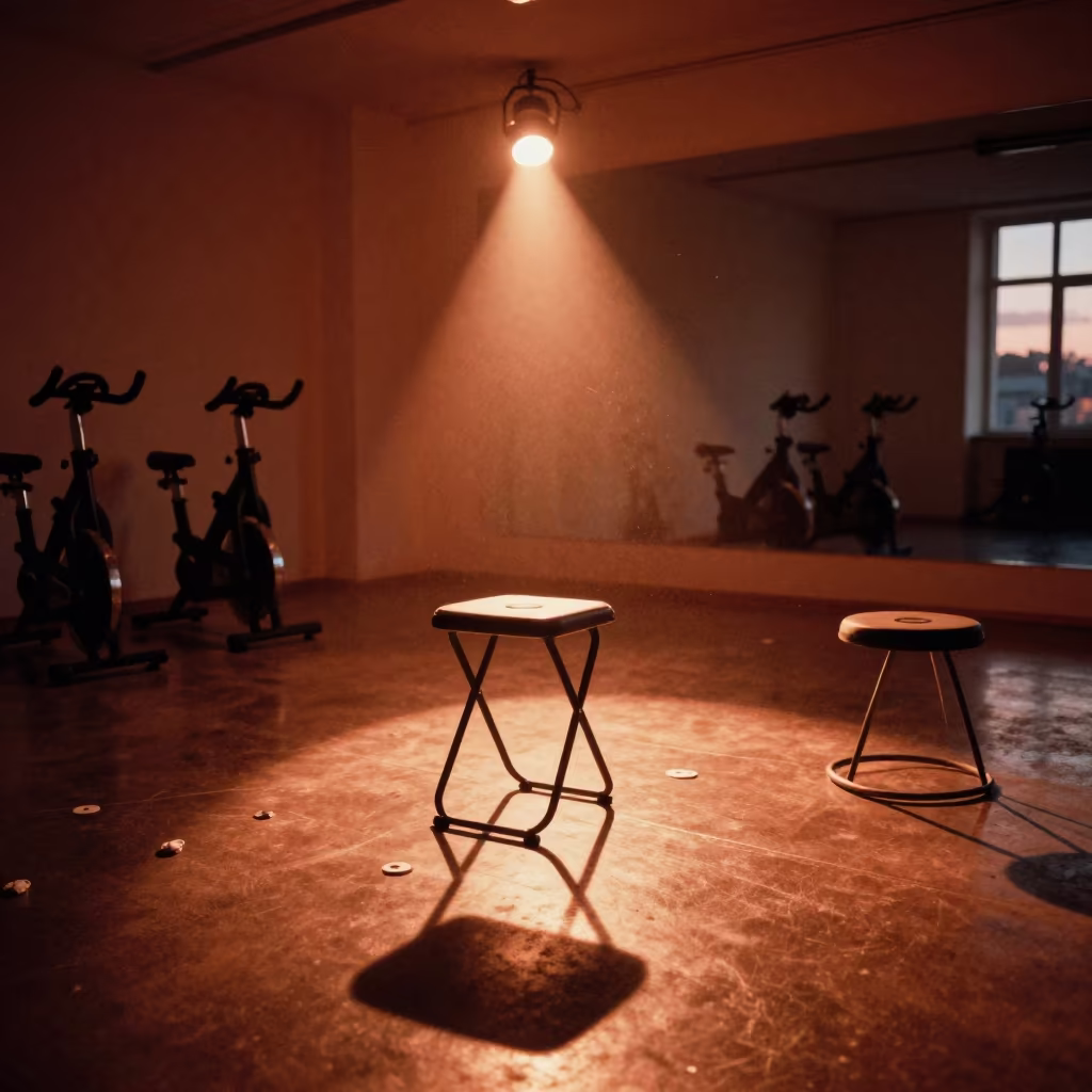 Breathwork alcove in Tbilisi spin studio before dusk in inside a spin studio under class lights in Tbilisi
