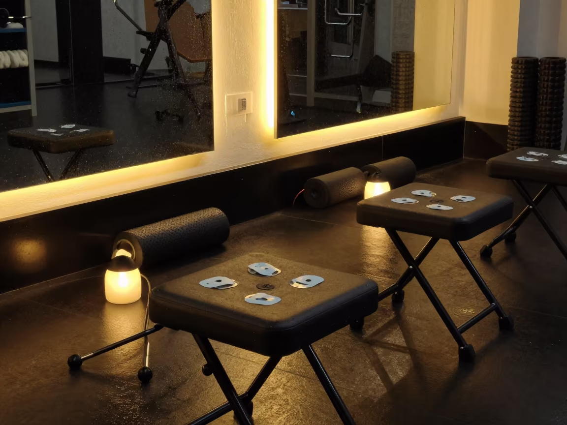 Breathwork Stools and Pulse Clips in Pereira Lounge in inside a recovery lounge beside foam rollers in Pereira