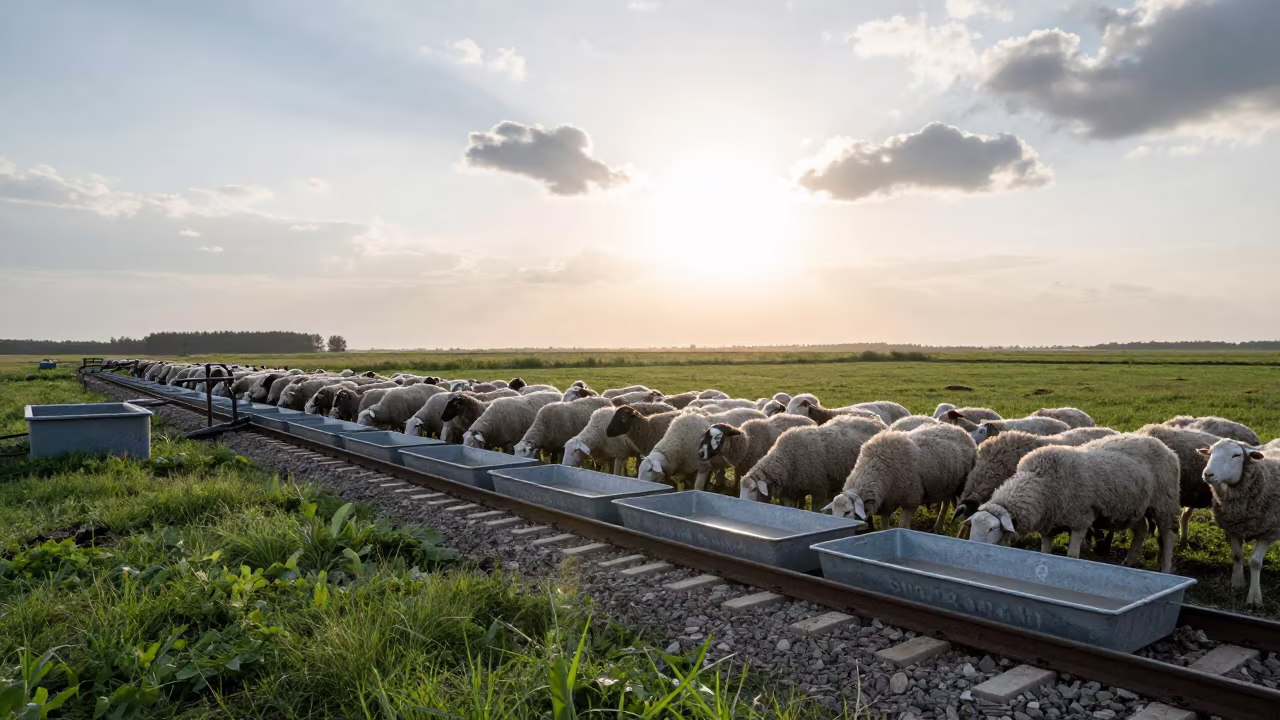 Breeding Rams at Sorting Gate Under Morning Light in near a windbreak and water trough in Belarus