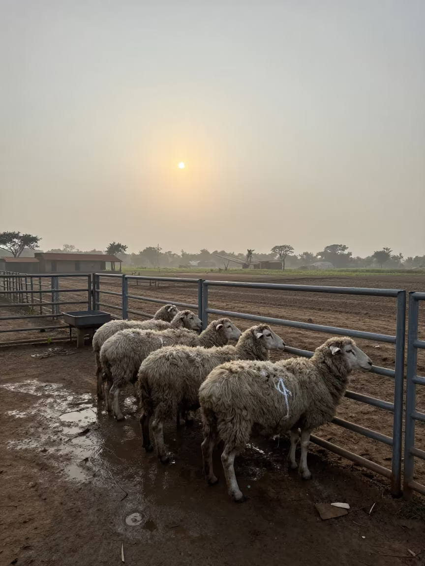 Breeding Rams Near Sorting Gate Under Summer Drizzle in near a windbreak and water trough in Nigeria
