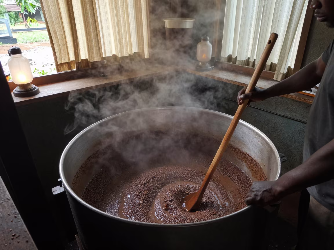 Brewer Stirring Mash Tun Amidst Monsoon Light in on a workshop shelf in Masvingo