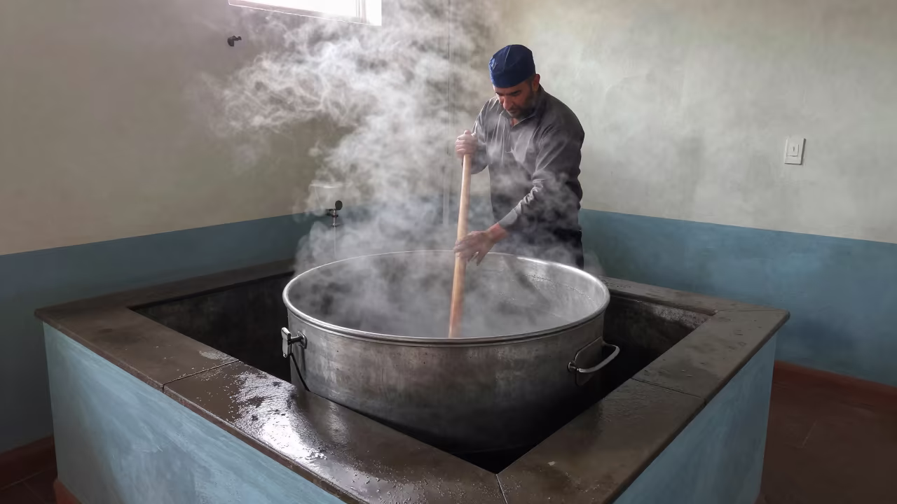Brewer Stirring Mash Tun with Wooden Oar Steam in on a painted display ledge near Faisalabad