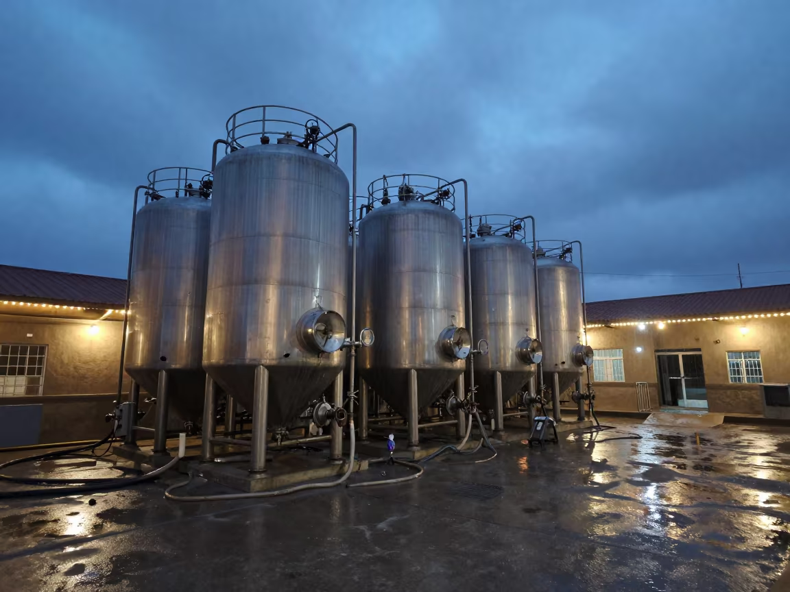 Brewery Tanks Hoses Omdurman Factory Floor Twilight in on a factory floor near Omdurman