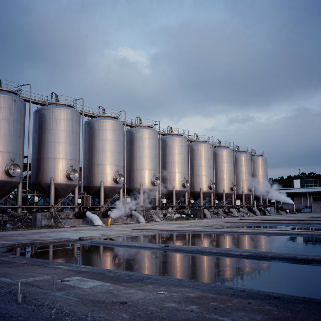 Brewery Tanks Along Quarry Ledge at Blue Hour in on a quarry ledge near Tainan