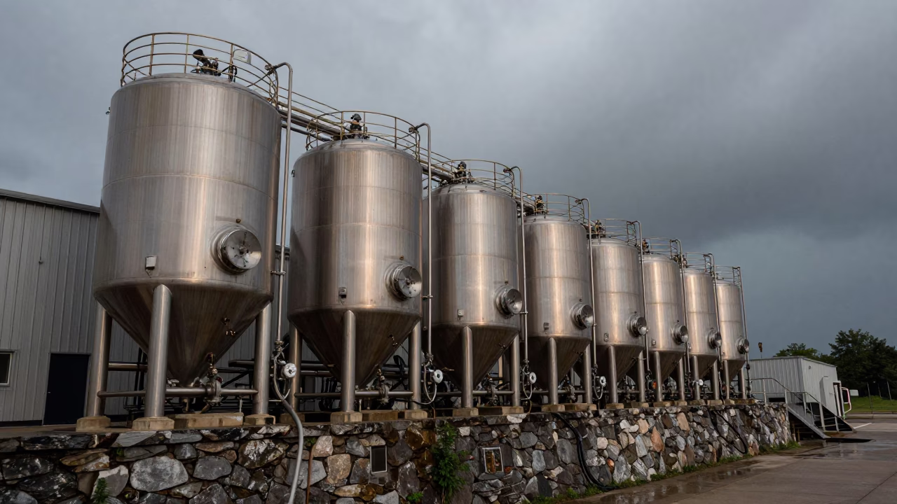 Brewery Tanks on Quarry Ledge Under Monsoon Skies in on a quarry ledge near Chicago