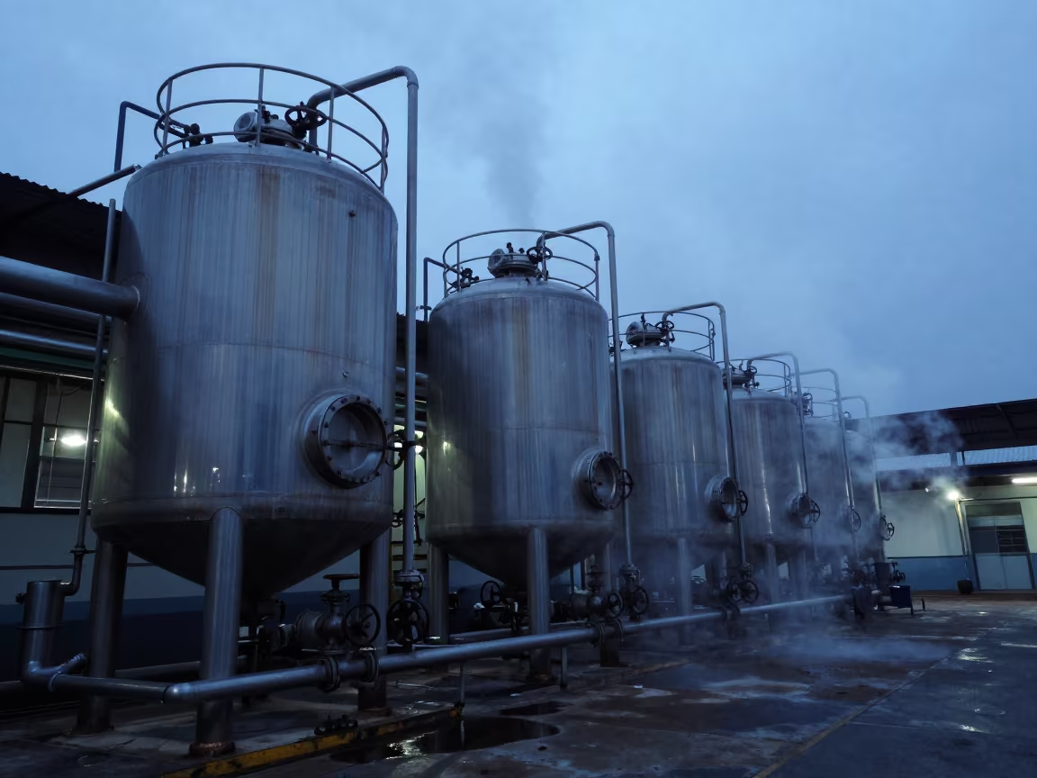 Brewery Tanks and Steam Vents at Blue Hour in in a machine shop near Solapur