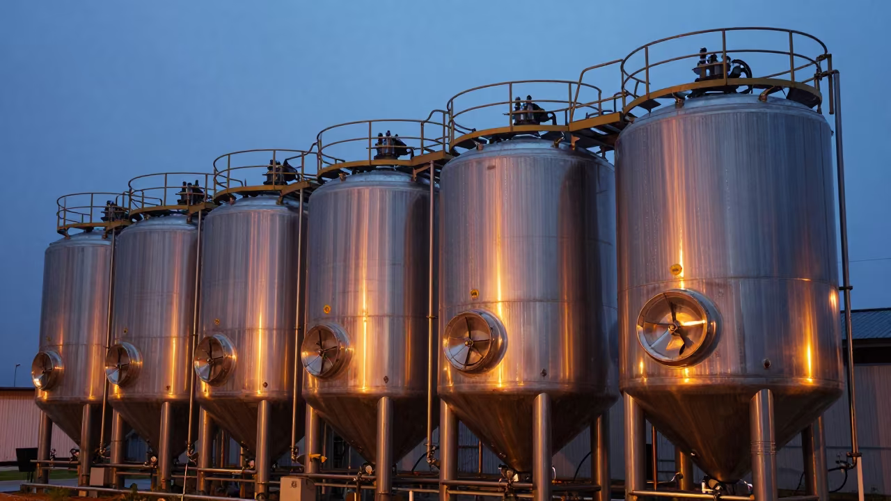 Brewery Tanks at Twilight Near Balıkesir in on a scaffold platform near Balıkesir