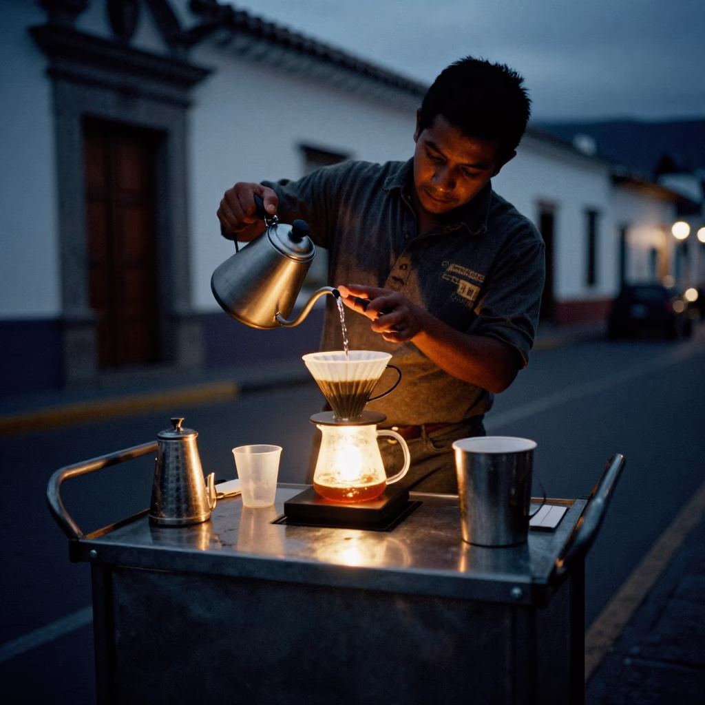 Brewing Pour in Quito at The Predawn Darkness Light in in Quito, Ecuador