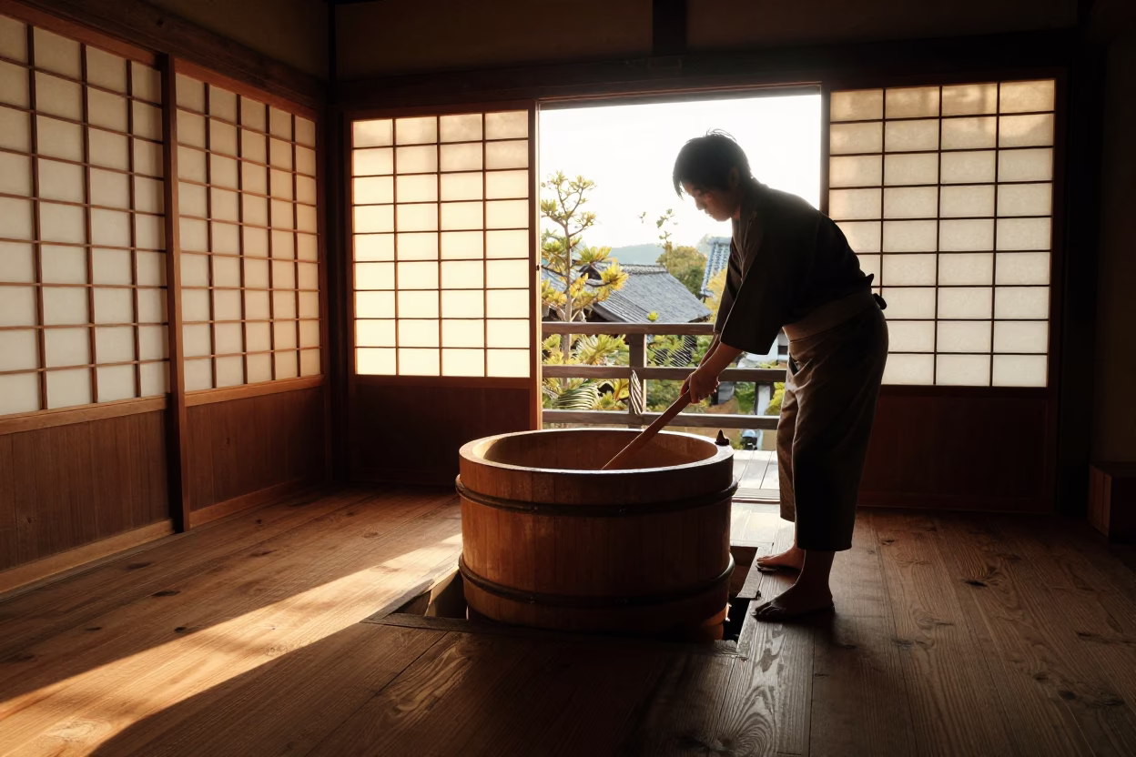 Brewing Vat in Kyoto at The Late Afternoon Light in in Kyoto, Japan