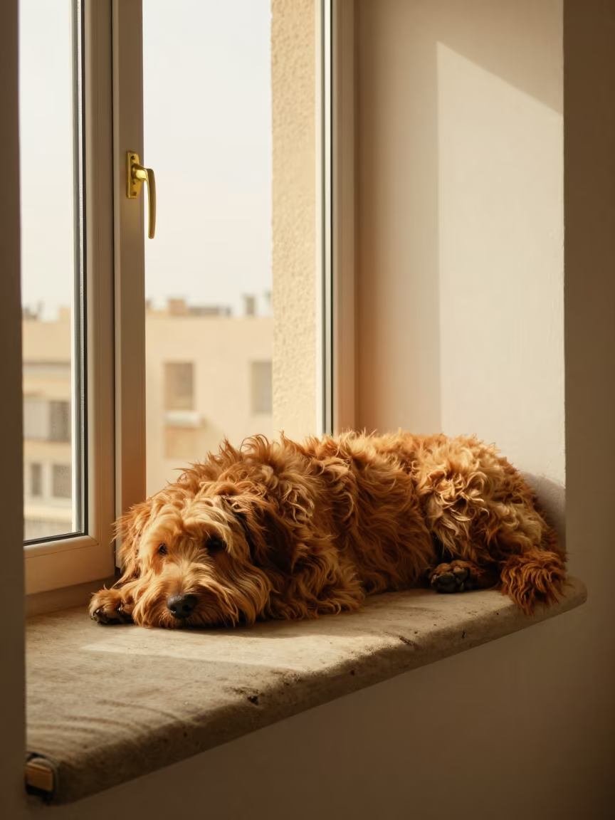 Briard Dog on Window Seat in Ramadi Apartment in on a window seat in a quiet apartment with soft side light in Ramadi