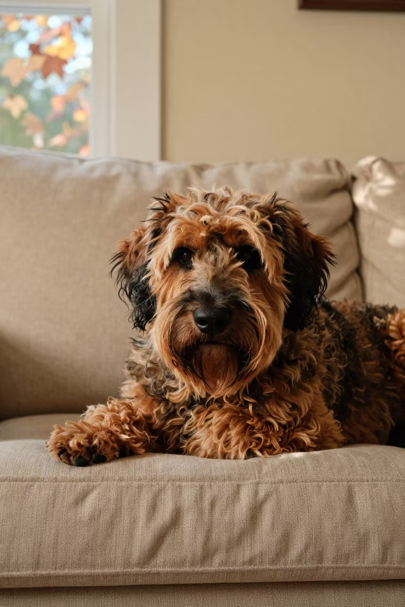 Briard Dog Resting on Linen Sofa in on a linen sofa with daylight from a nearby window in Saskatoon