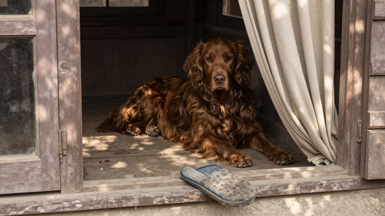 Briard on Shaded Porch in Mirpur Khas in on a shaded front porch with boards, railings, and eye-level framing near Mirpur Khas