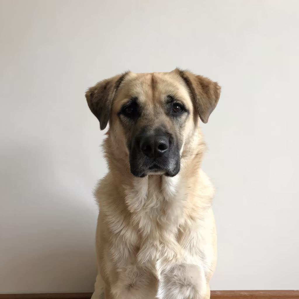 Briard Portrait Beside Plaster Wall in Ankara in beside a plain plaster wall in soft indoor light with the animal centered in frame in Ankara