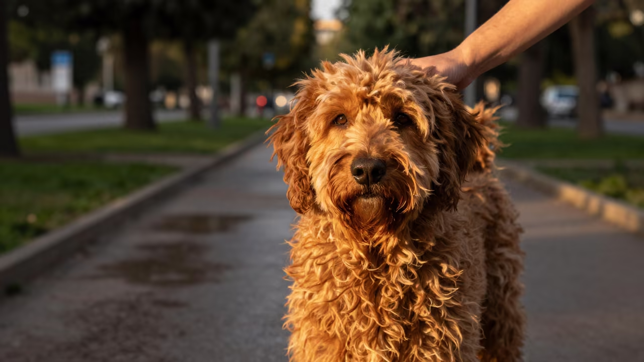 Briard Portrait in Granada Park Evening Light in along a quiet park path with soft open shade and a clean background in Granada
