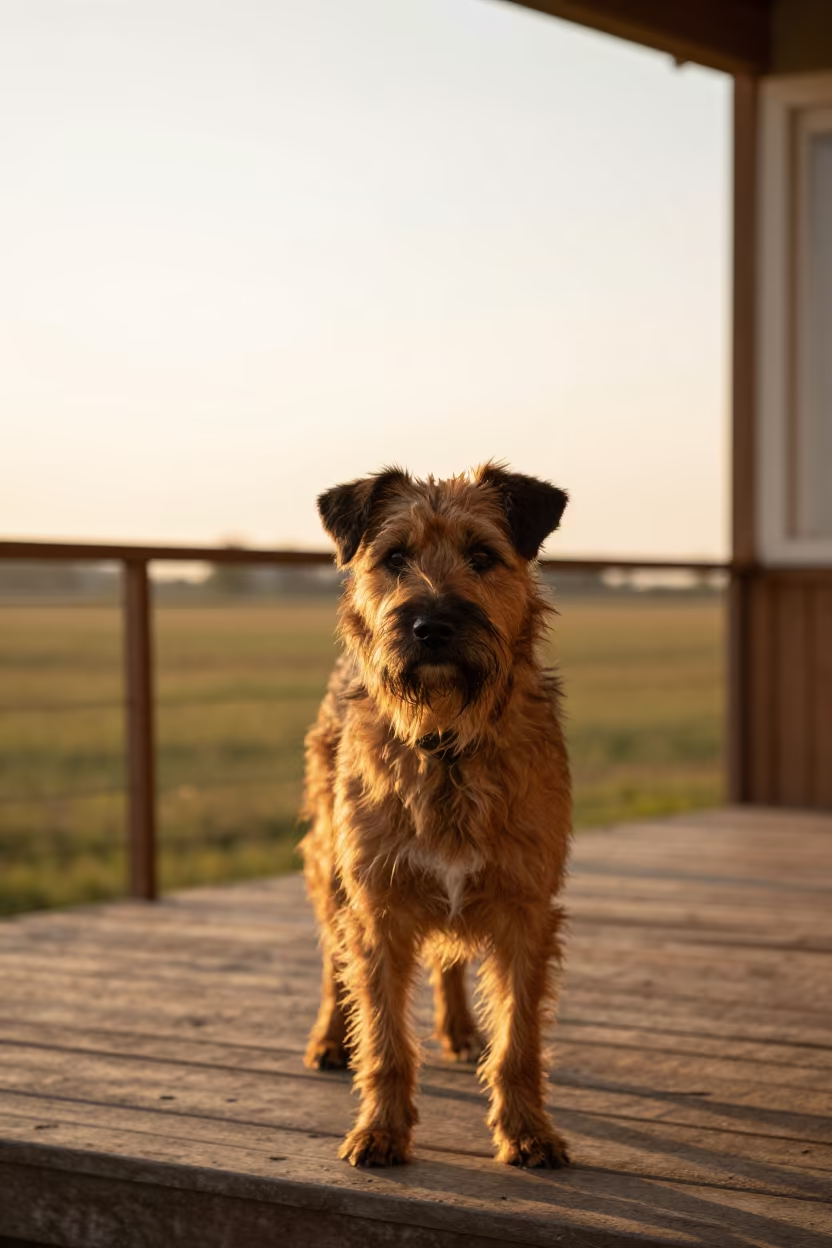 Briard Portrait on Shaded Oskemen Porch at Sunset in on a shaded front porch with boards, railings, and eye-level framing in Oskemen