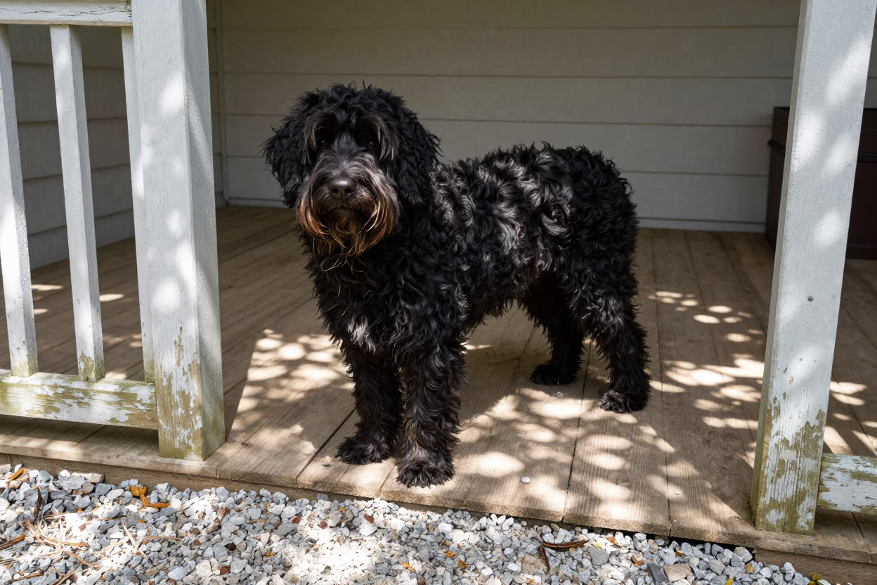 Briard Portrait on Shaded Santiago Porch in on a shaded front porch with boards, railings, and eye-level framing in Providencia, Santiago