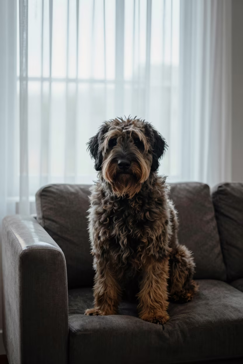 Briard Portrait on Sofa Near Curtained Window in on a sofa near a curtained window with calm indoor light in Santa Cruz de la Sierra