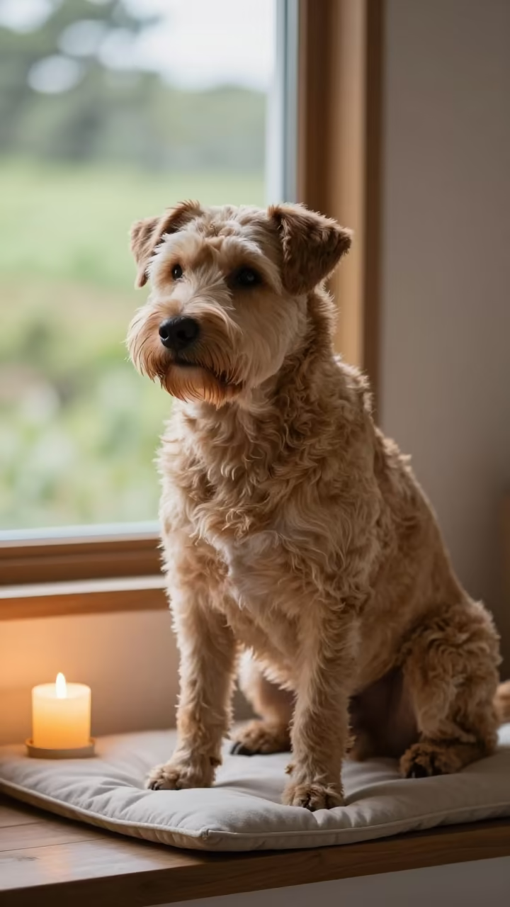 Briard Portrait on Window Seat Jeju in on a cushioned window seat with soft side light and an uncluttered background near Jeju