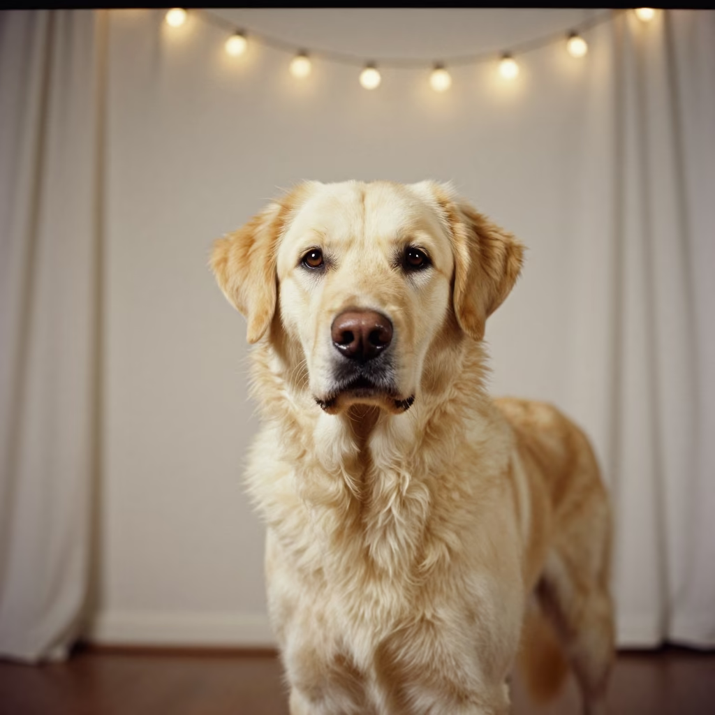 Briard Portrait with Wind-Lifted Curtain and String Lights in in a quiet portrait studio with a plain backdrop and eye-level framing in Machakos