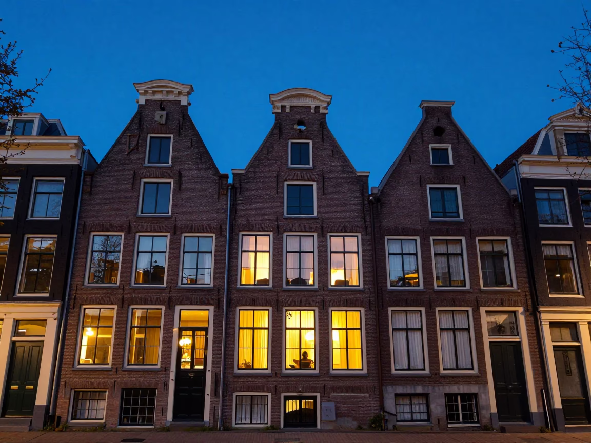 Brick Facade at Indigo Twilight After Sunset in Amsterdam in in Amsterdam, Netherlands
