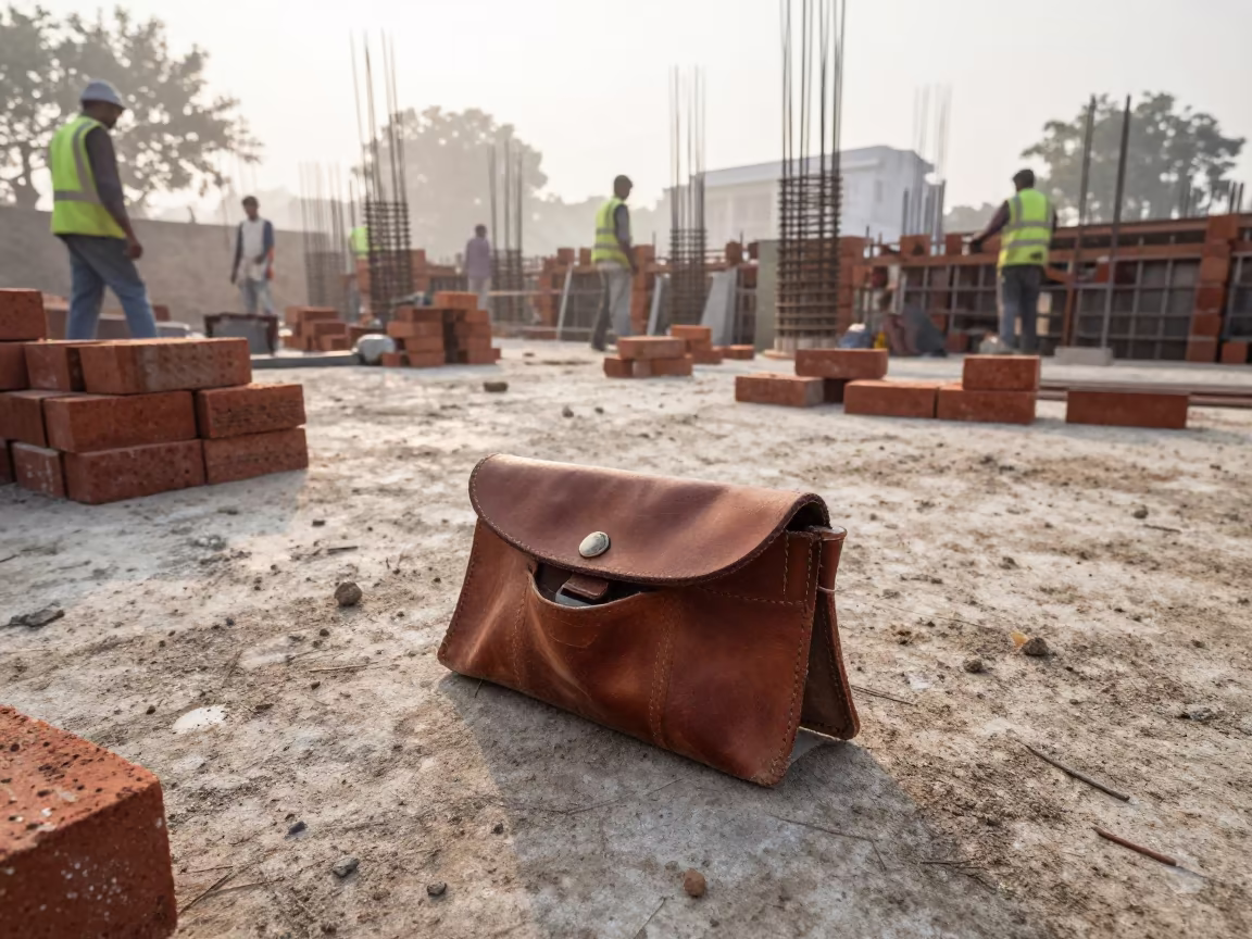 Brick Jointer Pouch Dawn Mist Jaipur Construction in on an active construction deck in C-Scheme, Jaipur