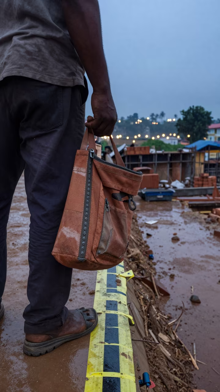 Brick Jointer Pouch on Sri Lankan Excavation Edge in inside a taped-off excavation edge in Sri Lanka