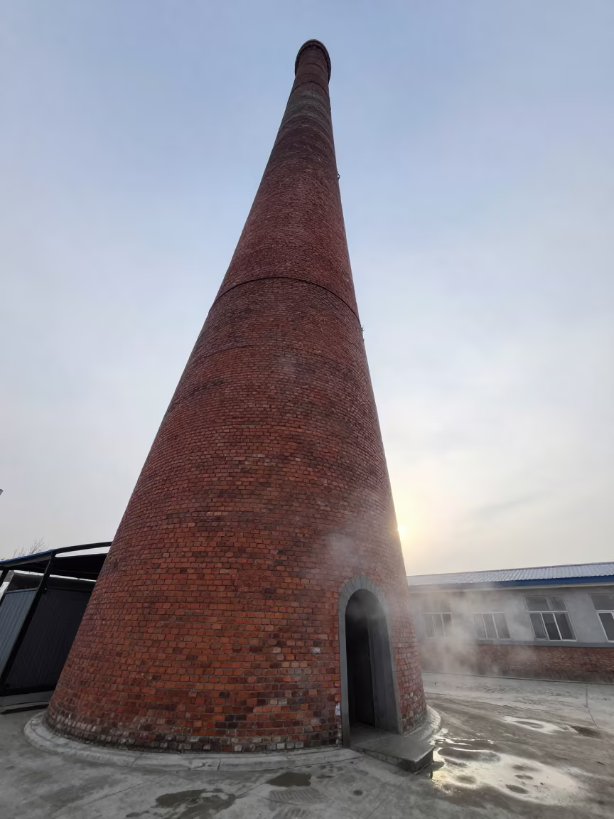 Brick Kiln Chimney Before Sunrise in on a factory floor near Ulaanbaatar