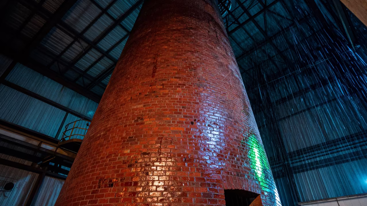 Brick Kiln Chimney in Turbine Hall Neon Light in in a turbine hall near Coatzacoalcos