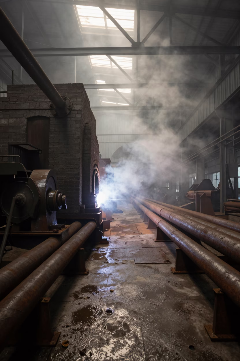 Brick Kiln Mouth Breathing Heat Into Evening Fog in in a welding bay near Nanning