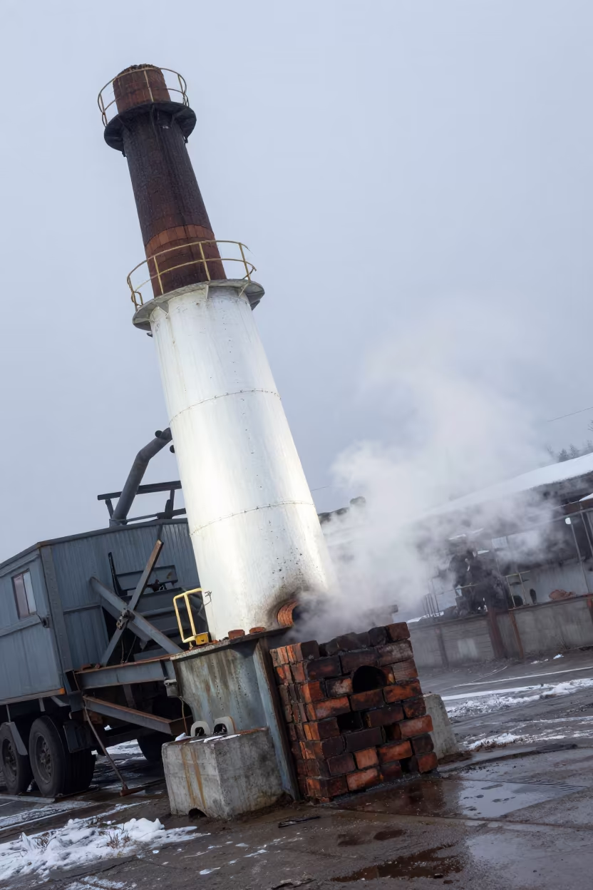 Brick Kiln Mouth Heat in Angren Winter Fog in at a loading dock near Angren