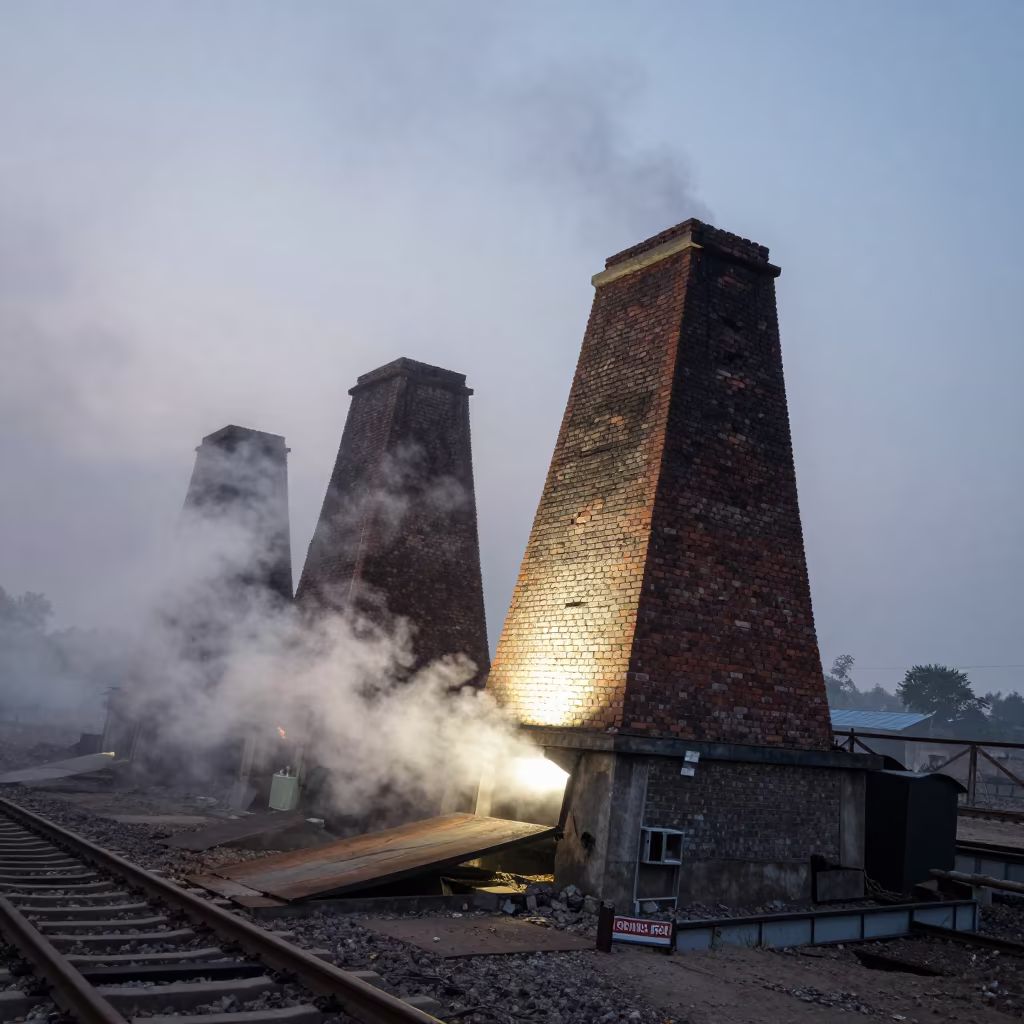 Brick Kiln Mouth Heat Rising Through Fog in at a rail yard near Sangli