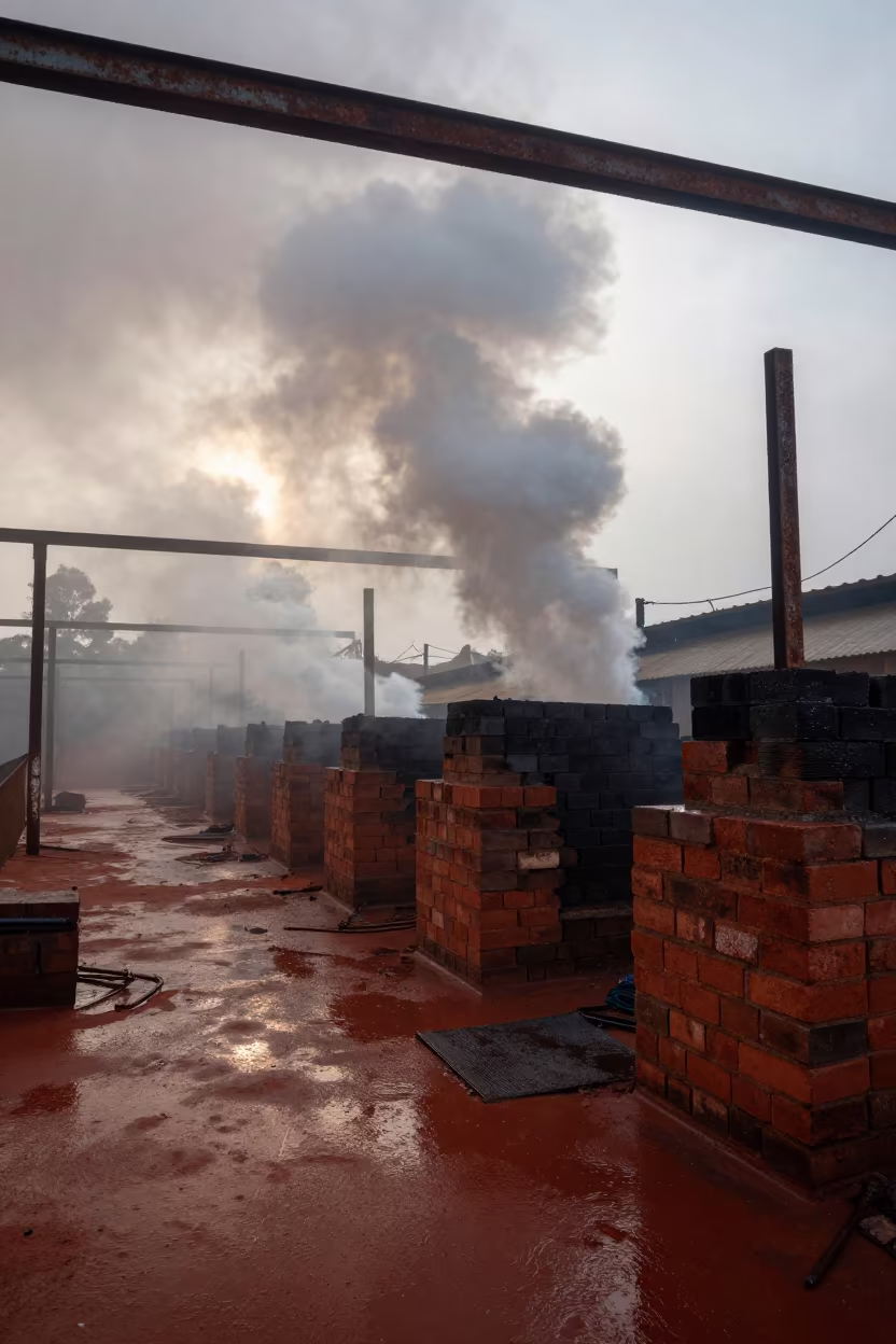 Brick Kiln Smoke Rising Over Welding Bay in in a welding bay near Nairobi