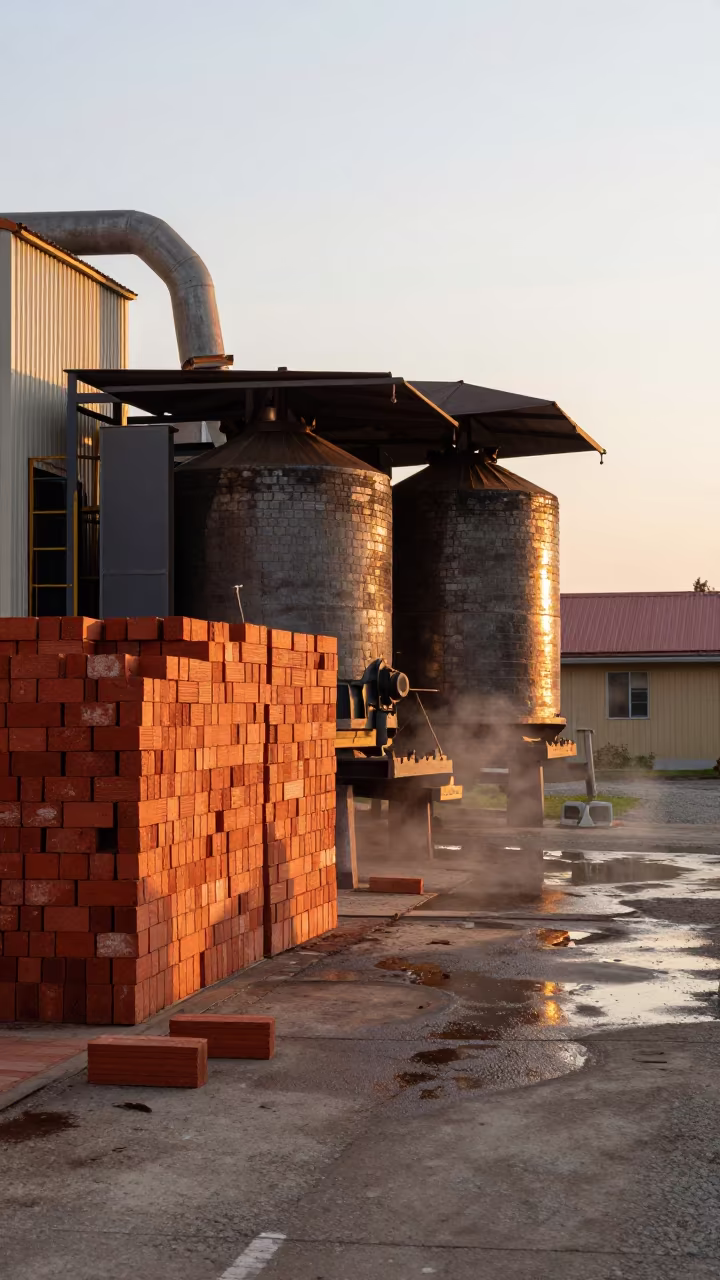 Brick Kiln and Stacks in Evening Light in at a loading dock near Veliko Tarnovo