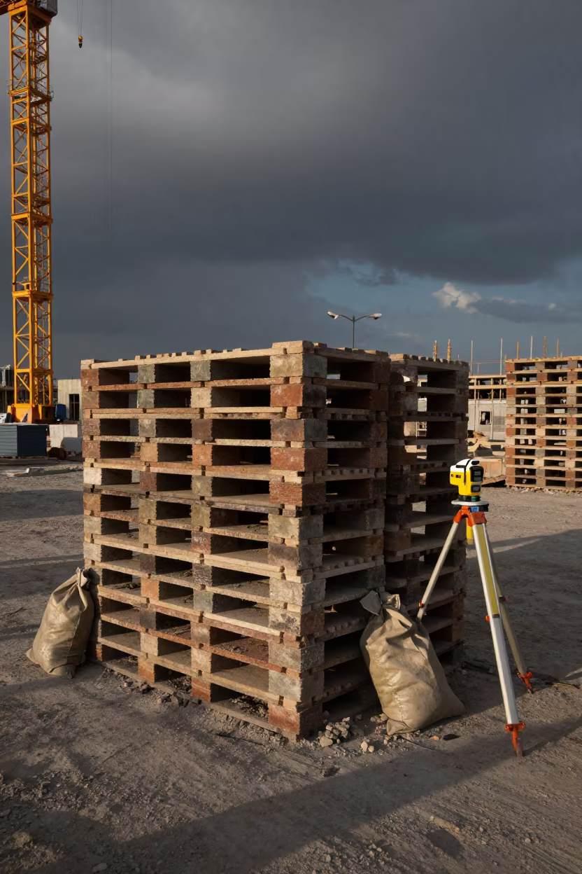 Brick Pallet Stack with Crane Shadow in Doha in beneath a tower crane on open ground near Doha