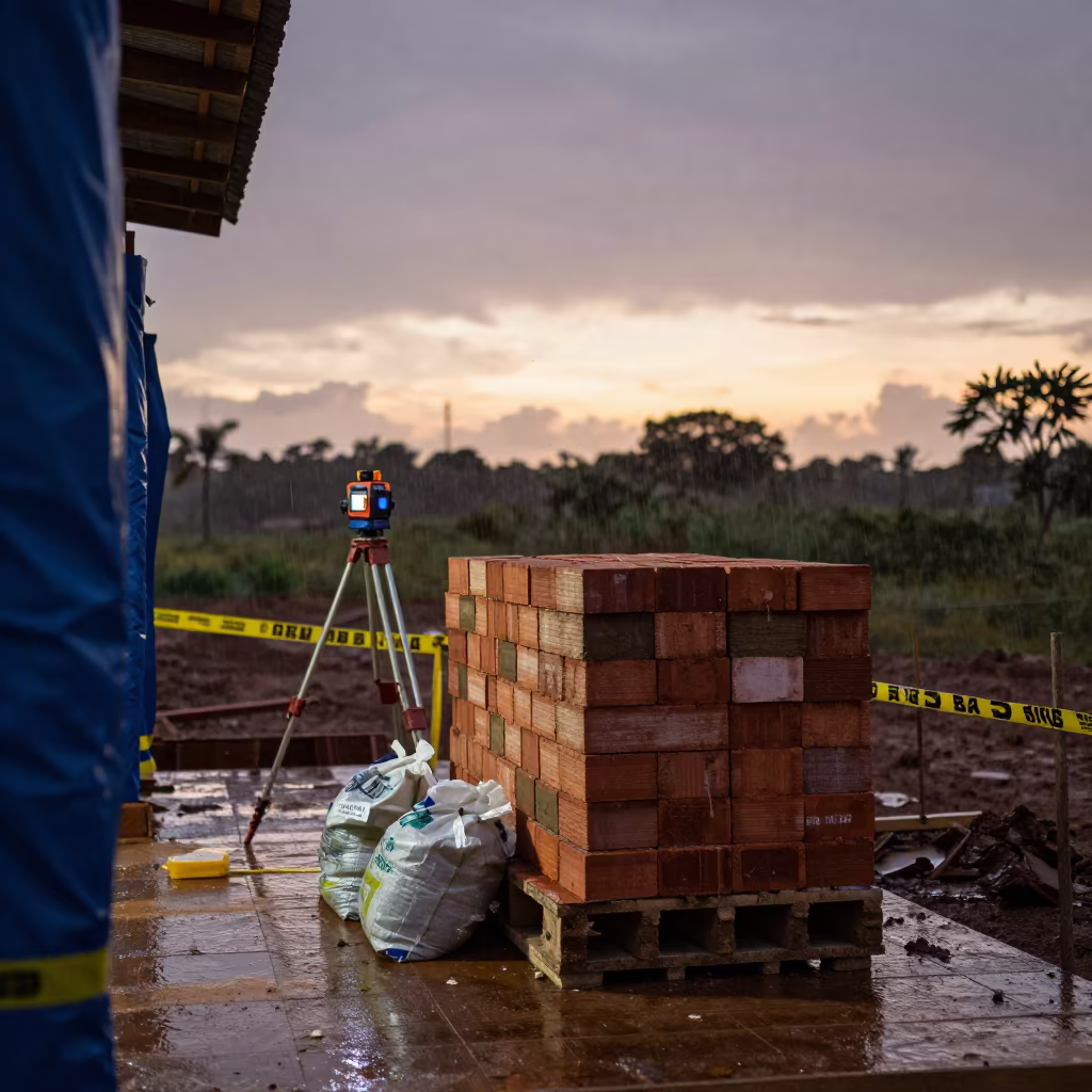 Brick Pallet Stack Silhouette at Ceará Construction Site in on an active construction deck in Ceará