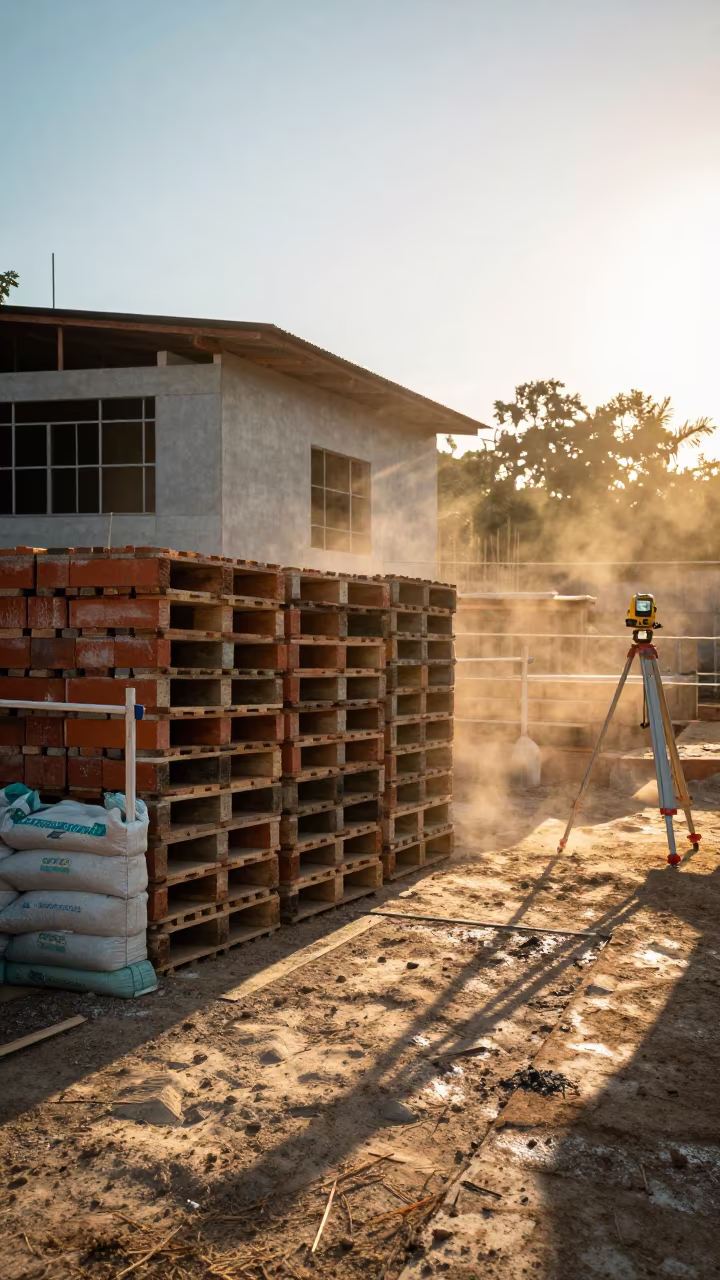 Brick Pallets and Tools in Belize Golden Hour in beside a framed building shell in Belize