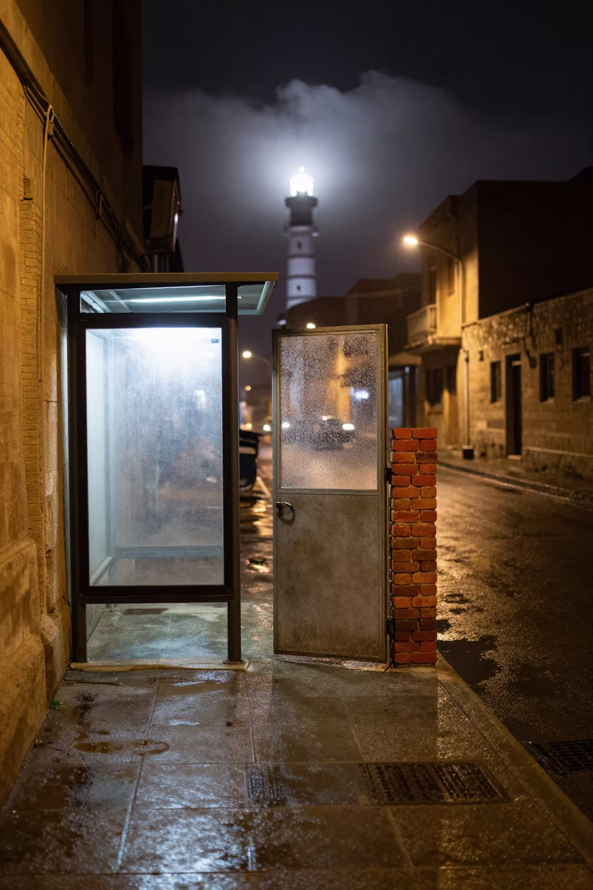Brick Propped Open Alley Door Erbil Night in beside a steamed-up bus shelter in Erbil