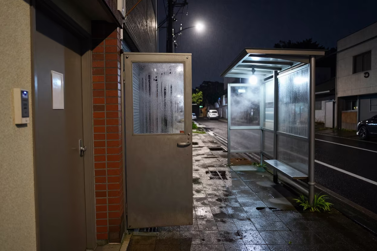 Brick Propped Alley Door Fukuoka Night in beside a steamed-up bus shelter in Fukuoka
