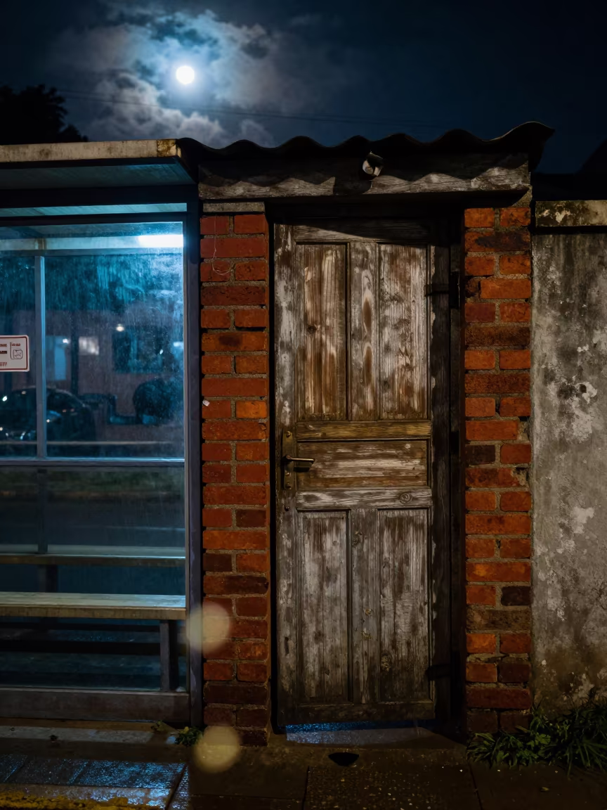 Brick Propped Door Night Lagos Alley Moonlight in beside a steamed-up bus shelter in Lekki, Lagos